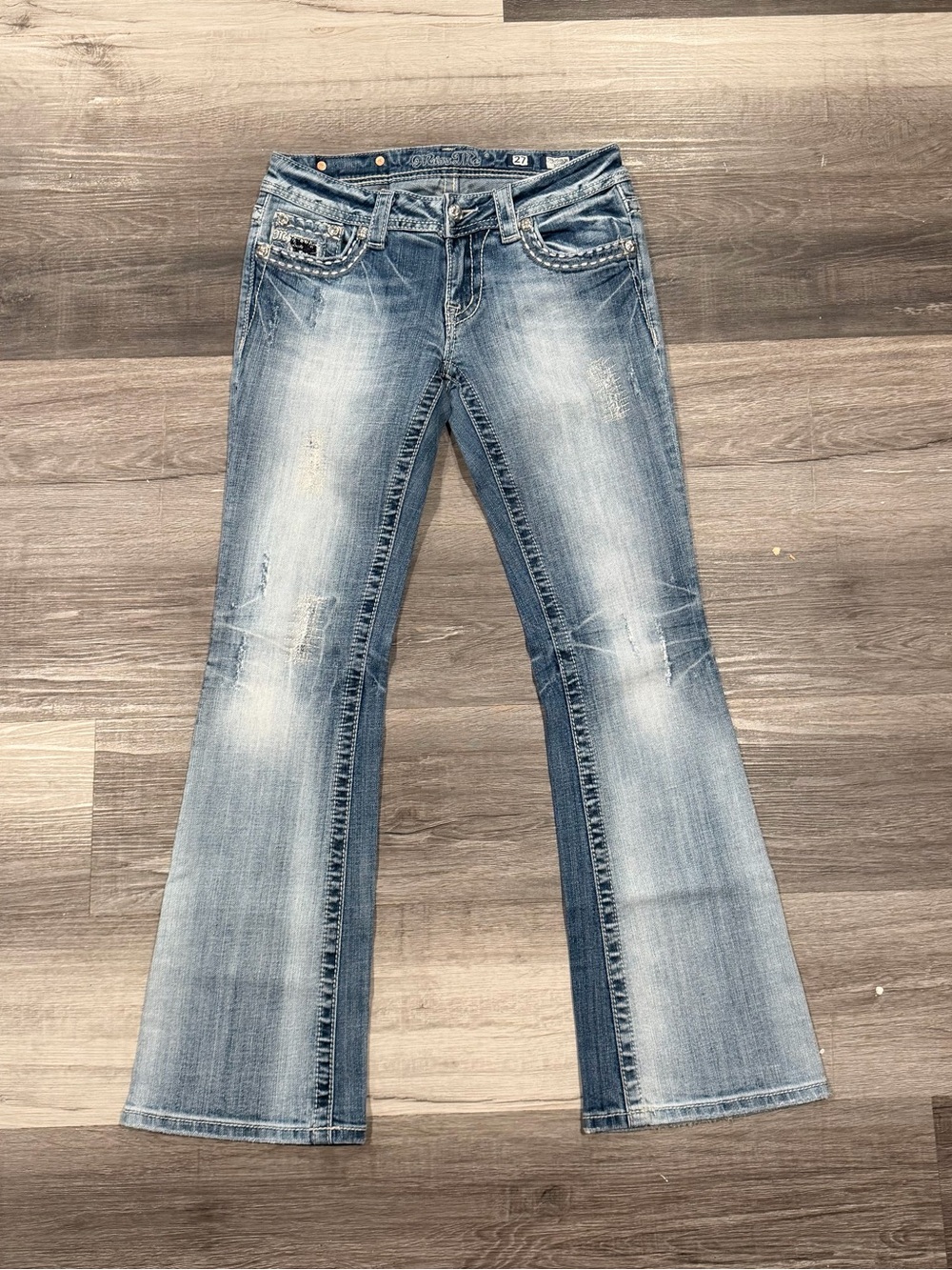Miss Me Women’s Blue Bootcut Embellished Flap Low Rise Denim Jeans Size 27